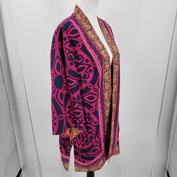 Chico's Reversible Kimono Womens Medium Pink Blue Gold Mixed Print Open Front - Picture 4 of 14
